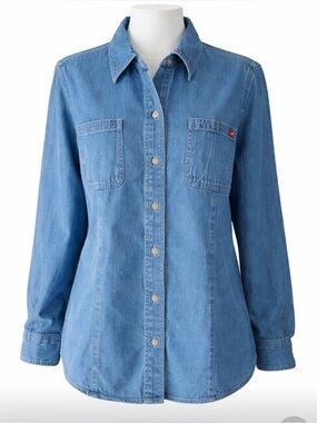 Gloria Vanderbilt Denim Shirt Womens Large Button Front Medium Blue 100% Cotton